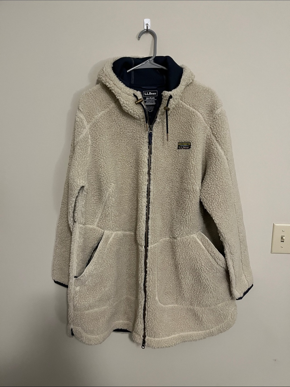 L.L. Bean Cream Sherpa Fleece Hooded Coat with Navy Trim